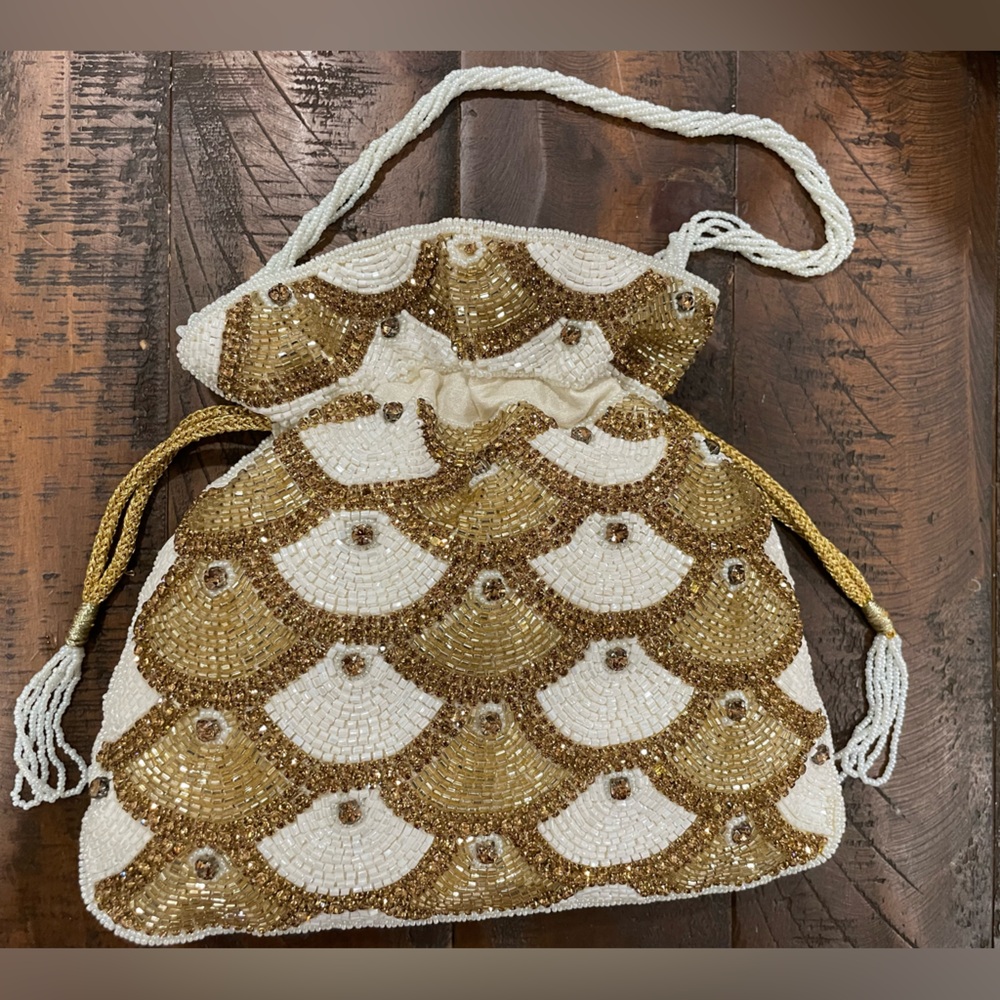 Gold and White Beaded Bag with Scalloped Design, Brand New Never Used!